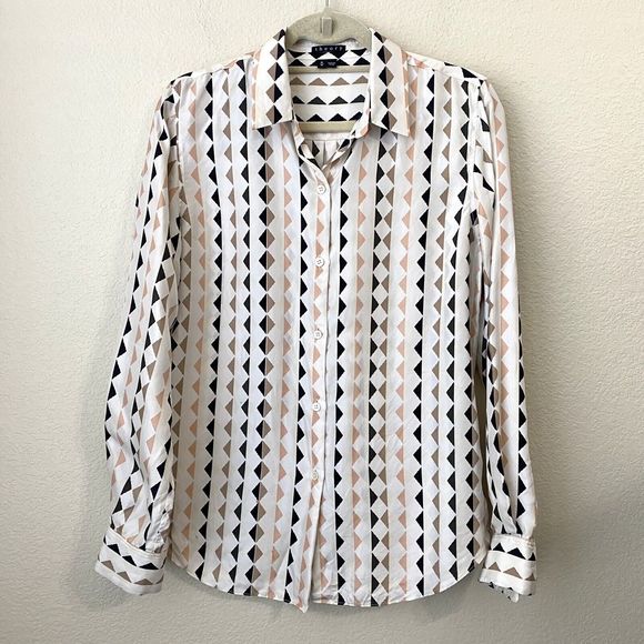 Theory Shirt Womens Medium Linigole Diamond Print Silk Cream Black - Picture 1 of 9